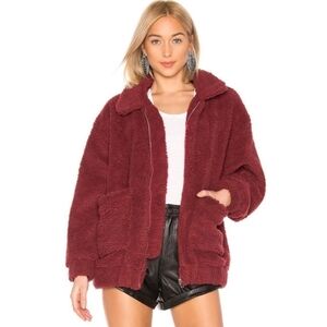 I AM GIA Teddy Fleece Jacket Medium Oversize‎ Pocket Collar Zip Pixie Dark Red